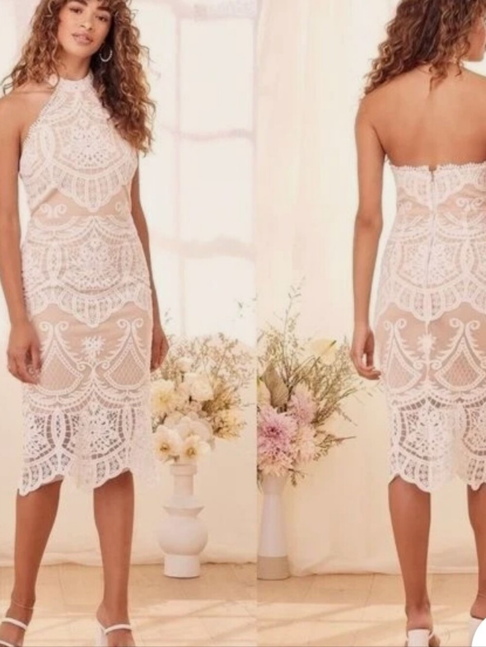 Lulu's White Lace Halter Midi Wedding Shower Dress